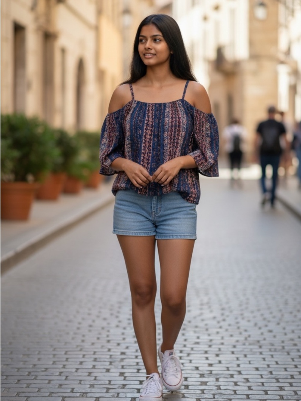 Japna Women’s Navy and pink Rust Cold-Shoulder Boho Blouse XL